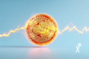 XRP coin jaune sur un fond bleu avec trendline jaune