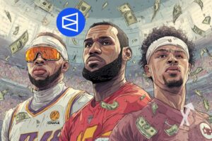 Joueurs de sports basket et nfl dans u stade avec logo polymarket et des billets dollars dans le ciel