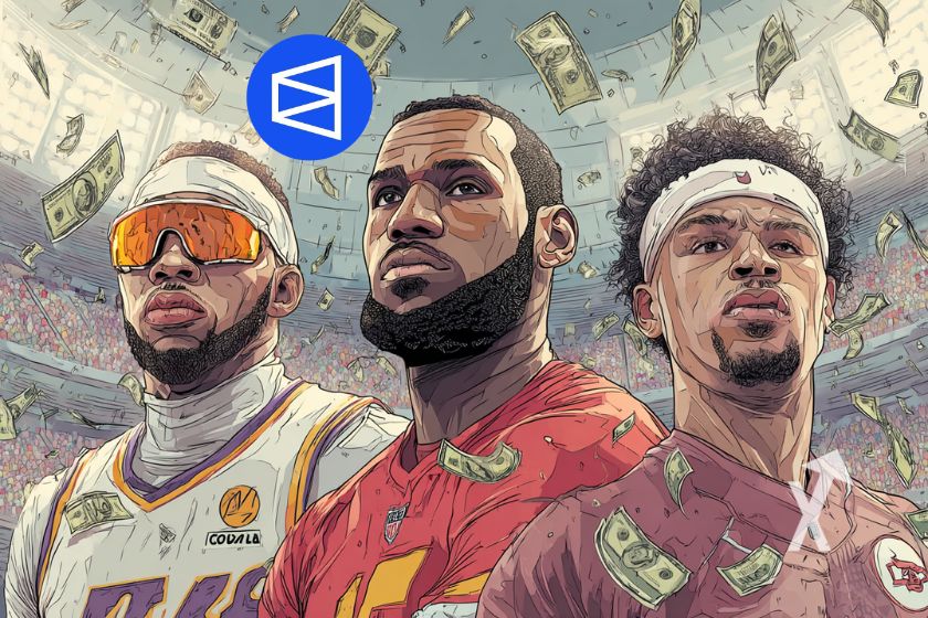 Joueurs de sports basket et nfl dans u stade avec logo polymarket et des billets dollars dans le ciel