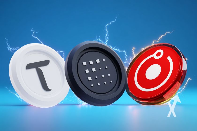 cryptos render, tao et fet sur un fond bleu