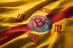 Bitcoin coin sur un drapeau jaune de la corée du sud