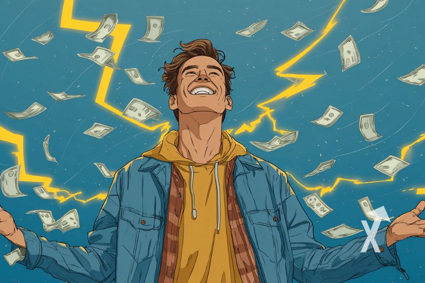 homme heureux avec billets dollars sur un fond bleu et éclairs jaunes