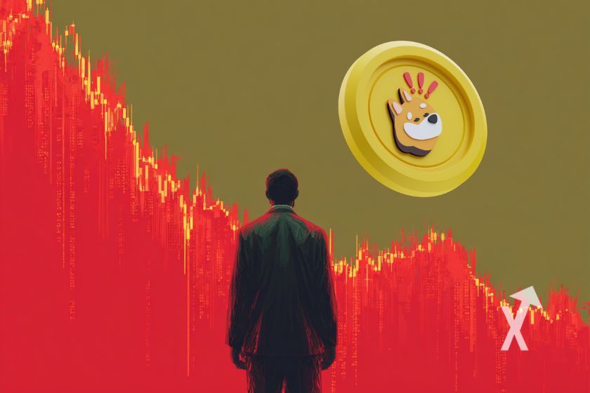 homme de dos avec un fond marron et courbes prix rouge avec un coin BONK en haut à droite