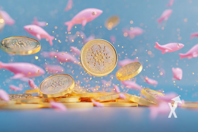 coin cardano sur un fond bleu avec des baleines roses