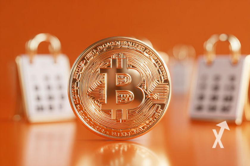 coin Bitcoin sur un fond orange avec calendriers