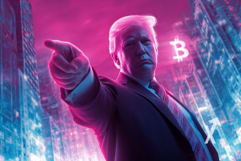 Donald trump sur un fond rose et logo Bitcoin avec immeubles bleus