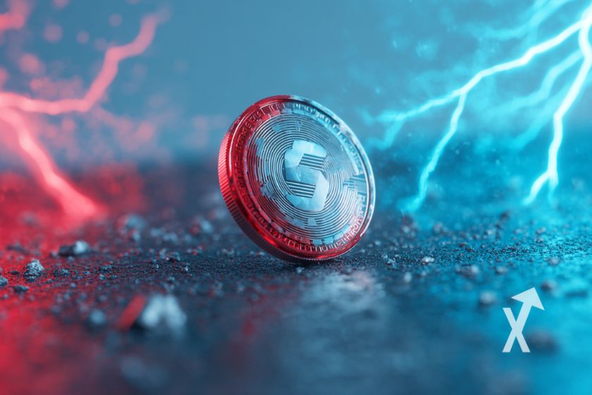 coin solana sur un fond bleu avec éclaires rouges et bleus de chaque côté