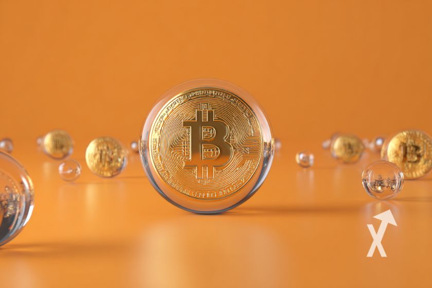 Bitcoin coin sur un fond orange avec des bulles