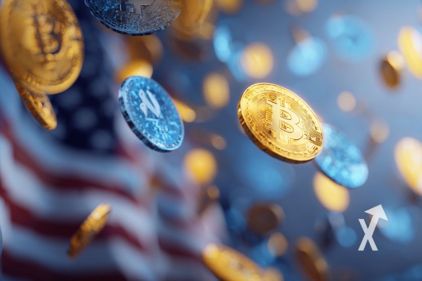 crypto tokens sur un fond bleu avec drapeau des US