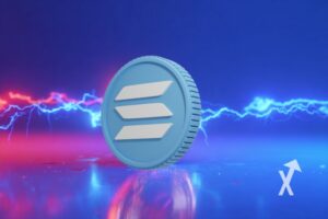 solana coin sur un fond bleu et électricité rouge et bleue autour