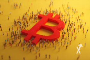Bitcoin logo red sur un fond jaune avec personnes autour