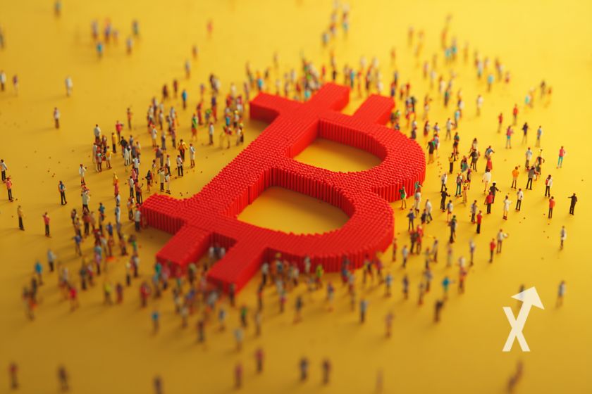 Bitcoin logo red sur un fond jaune avec personnes autour