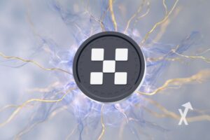 OKB token sur un fond blanc gris avec lumière jaunes et bleue en électricité