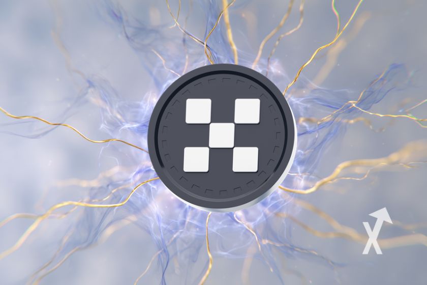 OKB token sur un fond blanc gris avec lumière jaunes et bleue en électricité