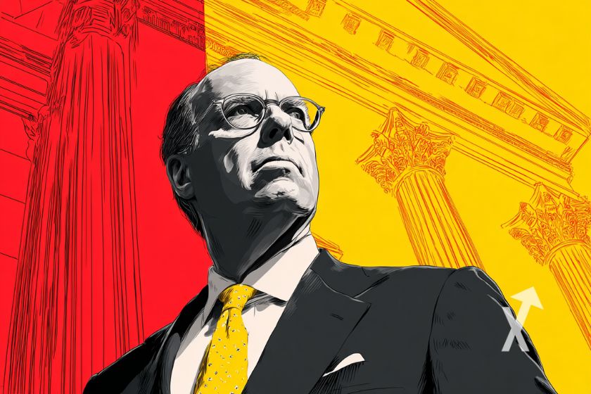 Larry Fink sur un fond jaune et rouge dessin d'une banque