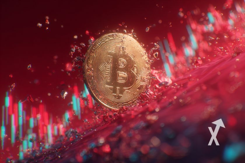 bitcoin coin sur un fond rouge avec trendline de bougies vertes et rouges