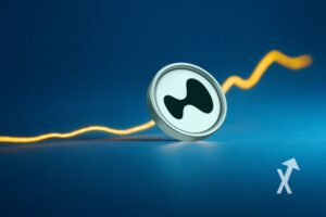 coin hyperliquid HYPE sur un fond bleu avec ligne trendline jaune