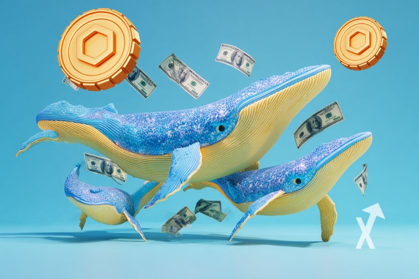 Baleines bleues sur fond bleu avec coin Chainlink LINK en jaune