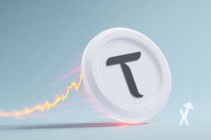 coin tao Bittensor sur un fond gris avec trendline orange lumineuse qui monte