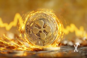 xrp coin avec électricité autour sur un fond jaune avec trendline jaune