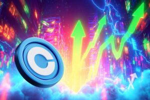 coin coinbase sur un fond coloré en rose et bleu flashy avec des fleches vertes néons vers le haut et des buildings