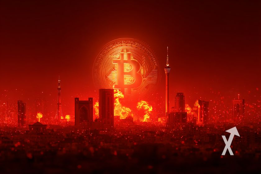 Bitcoin logo en rouge au dessus d'une ville sous les bombes