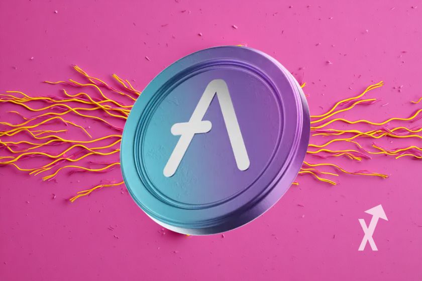 coin aave sur un fond rose avec lignes jaunes derrière