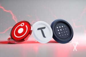 coin tao, render et fet sur un fond gris et lignes rouges