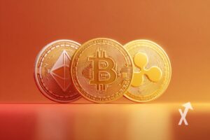 Coin XRP, Bitcoin et Ethereum sur un fond orange