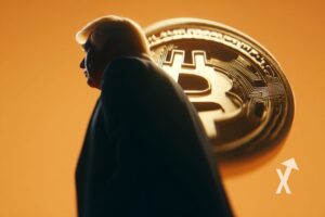 donald trump sur un fond orange et un coin Bitcoin