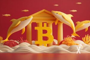 Bitcoin Logo avec baleines sur un fond rouge