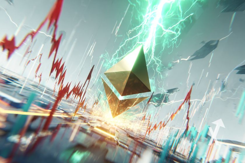 ethereum logo avec tonerre vert sur un fond gris avec trendline rouge