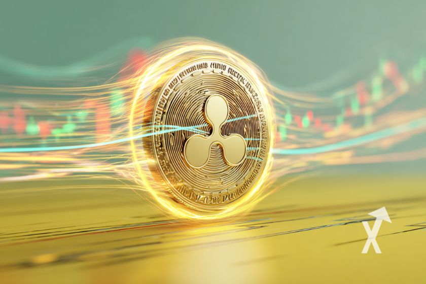 xrp coin sur un fond vert gris avec bougies trendline rouges et vetres