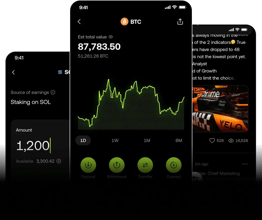 Application mobile OKX affichant un portefeuille crypto avec graphique du prix du Bitcoin et options de trading.