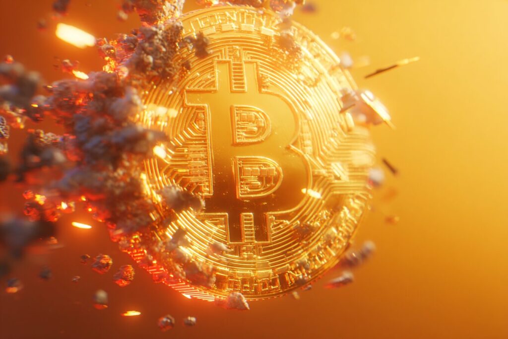 coin Bitcoin qui explose sur un fond jaune orange